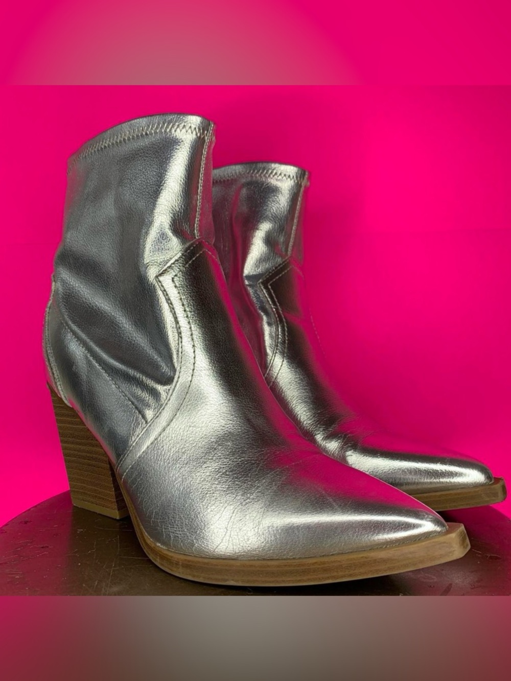 MIA Rachell Silver Western Stacked Heel Pull On Ankle Boot US 8